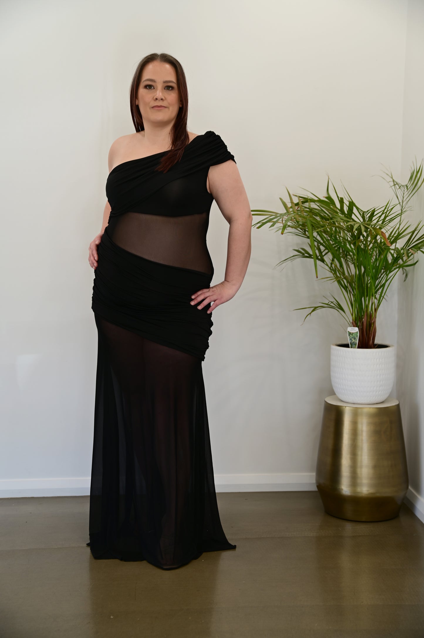MESHKI Dallas One Shoulder Mesh Maxi Dress Black (RRP $149)