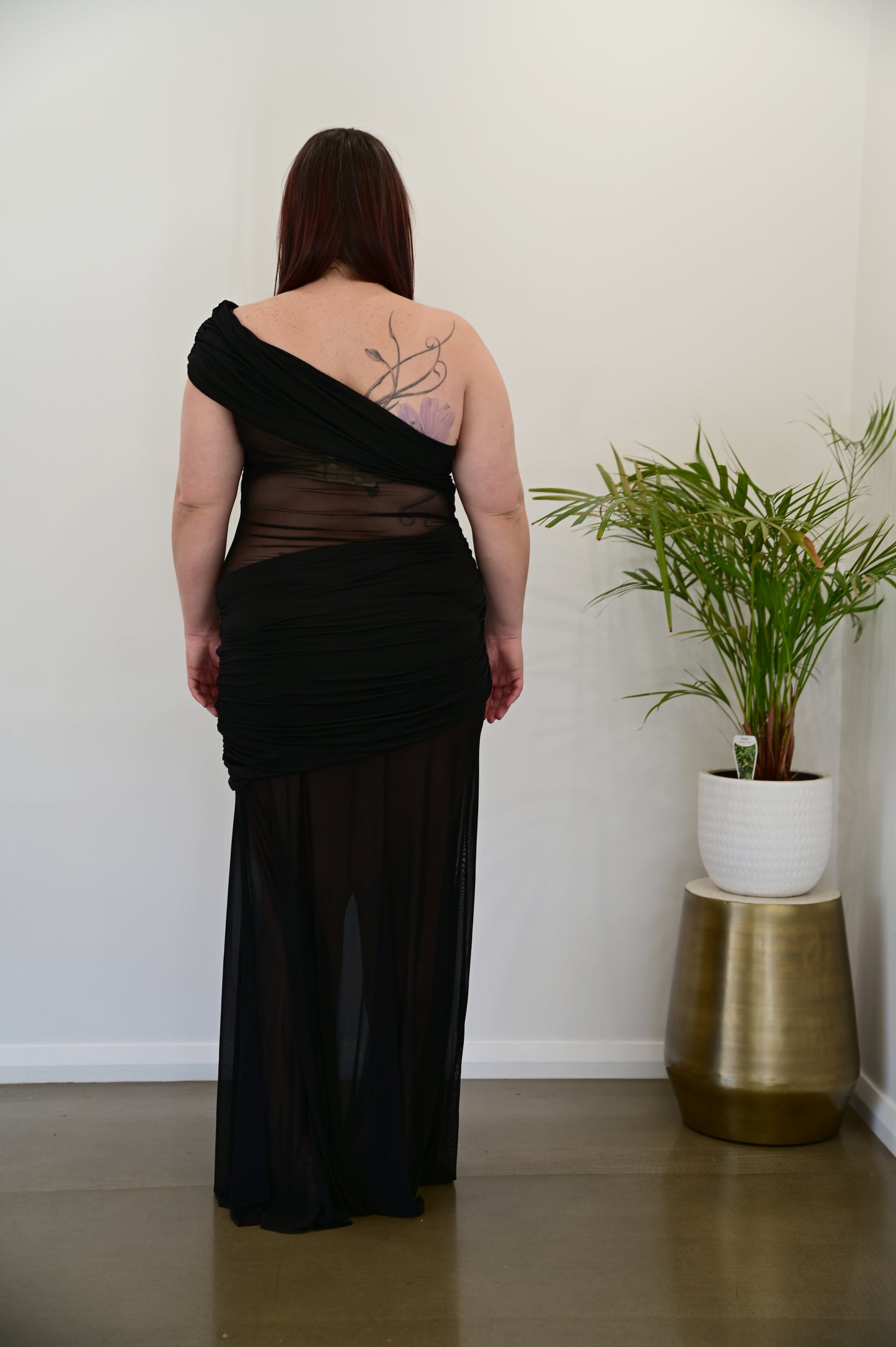 MESHKI Dallas One Shoulder Mesh Maxi Dress Black (RRP $149)