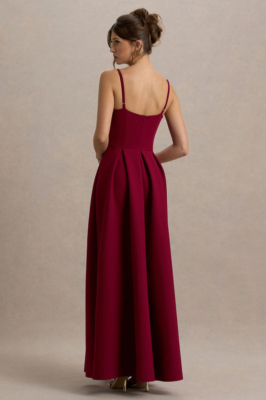 CLUB LONDON Bambina Scoop Neck Pleated Maxi Dress Burgundy
