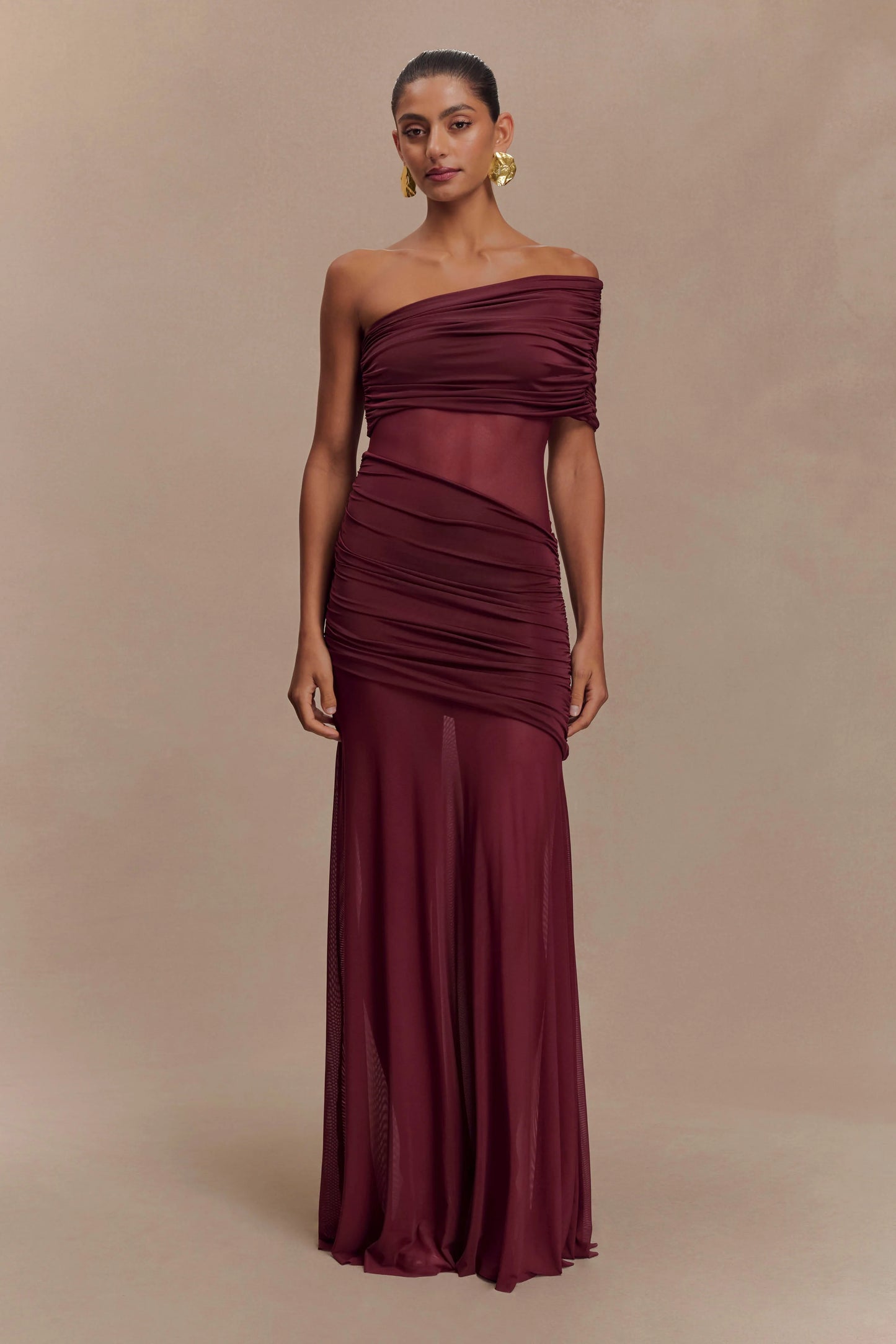 MESHKI Dallas One Shoulder Mesh Maxi Dress Burgandy (RRP $149)