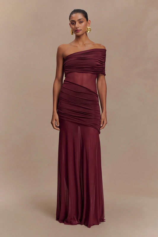 MESHKI Dallas One Shoulder Mesh Maxi Dress Burgandy (RRP $149)