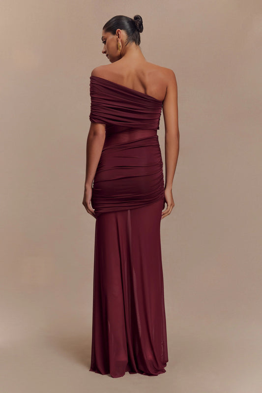 MESHKI Dallas One Shoulder Mesh Maxi Dress Burgandy