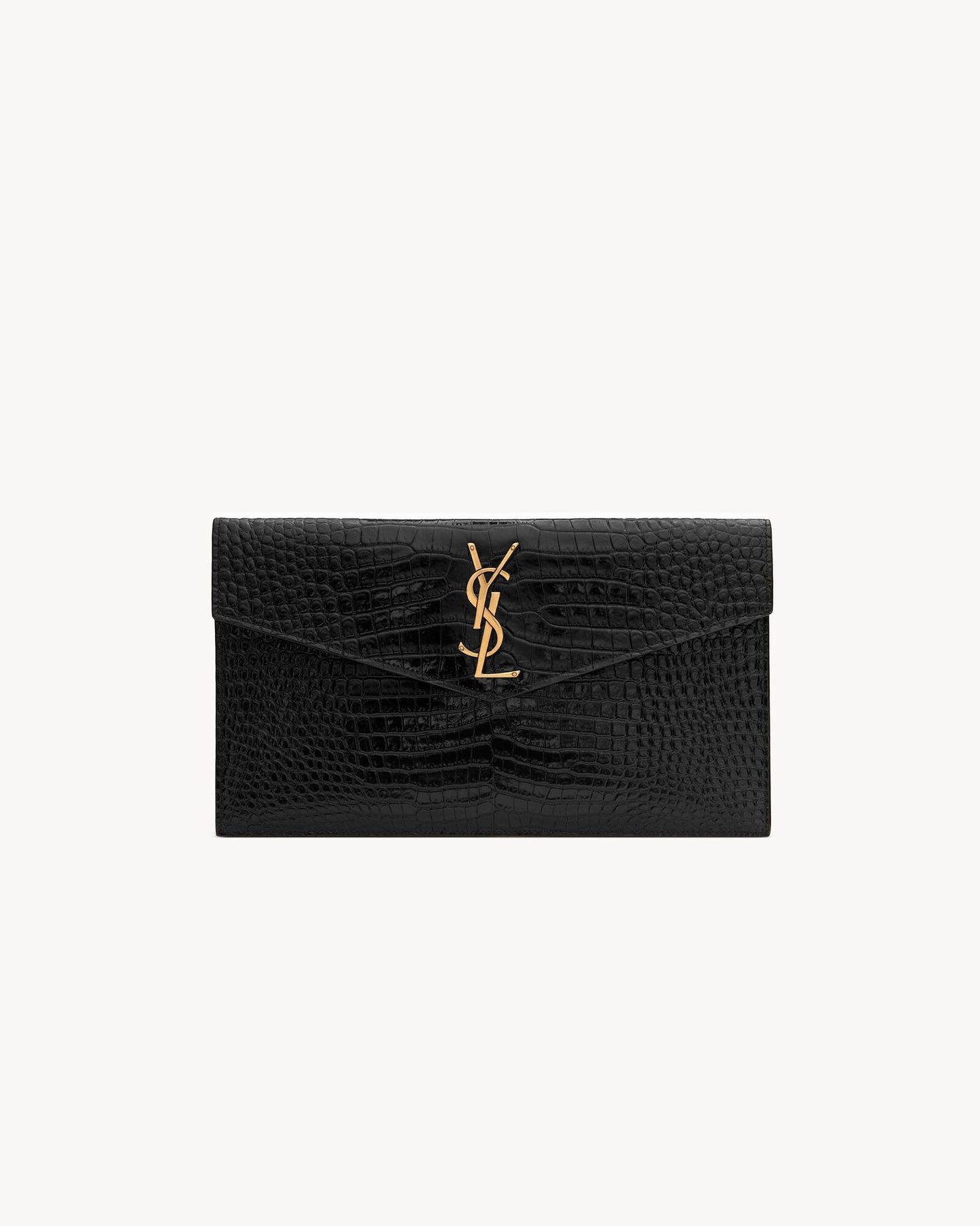 YVES SAINT LAURENT Uptown Pouch In Crocodile-Embossed Shiny Leather Black (RRP $870)