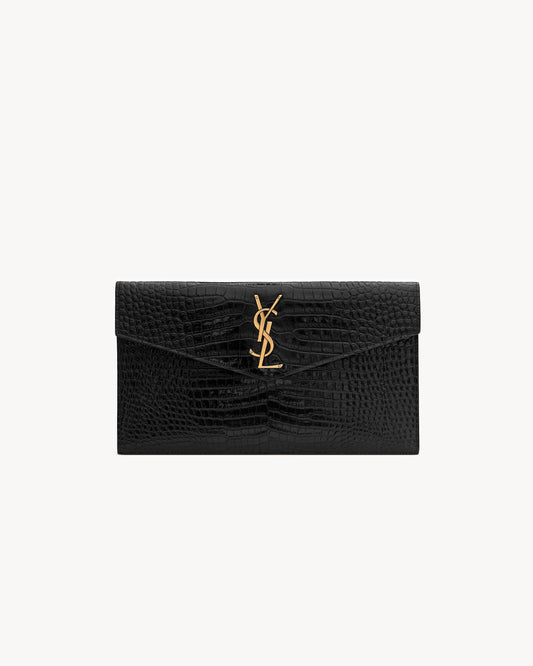 YVES SAINT LAURENT Uptown Pouch In Crocodile-Embossed Shiny Leather Black (RRP $870)