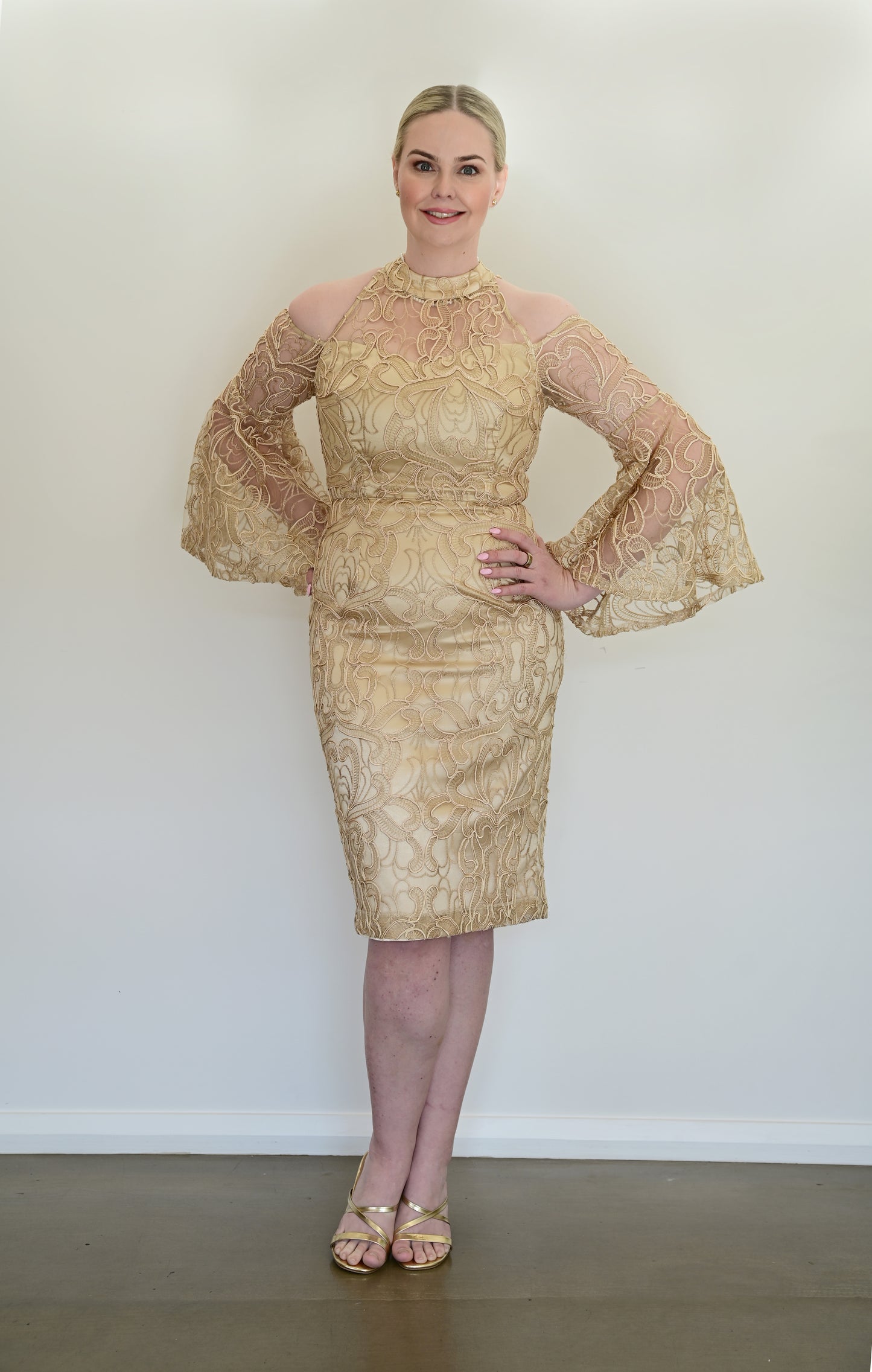 STUDIO S Embellished Midi Dress Champagne Gold (RRP $490)