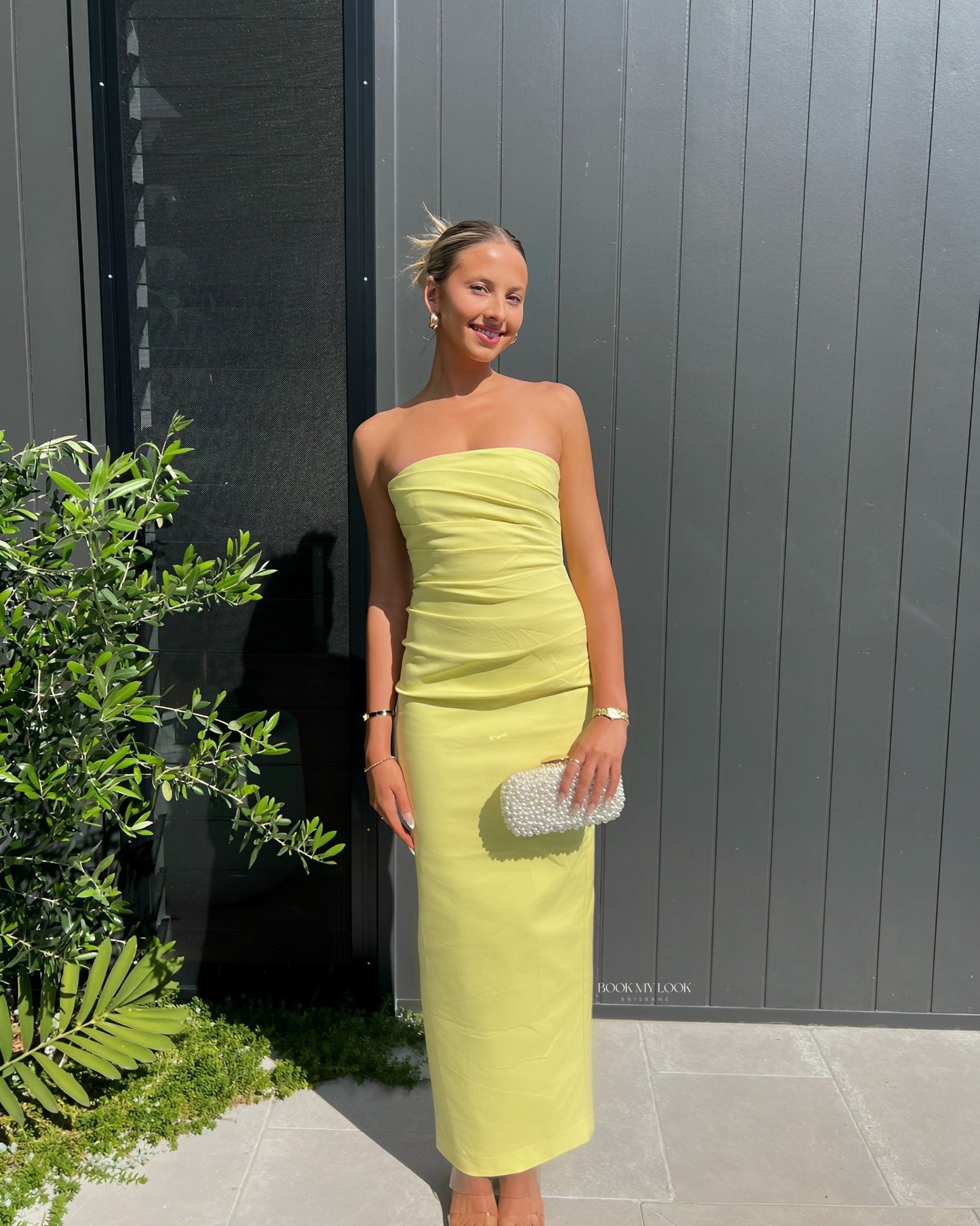 SHONA JOY Lani Strapless Draped Maxi Dress Lemonade
