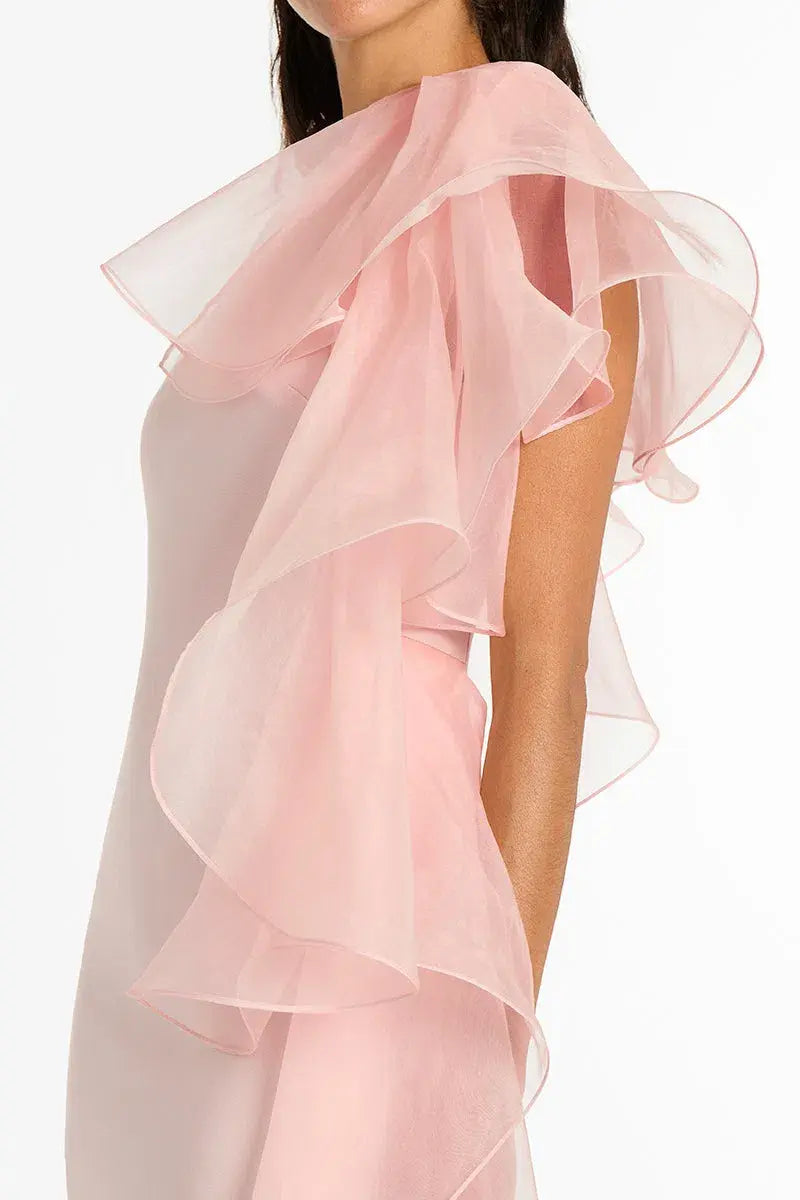 CARLA ZAMPATTI Crepe Ruffle Shoulder Gown in Pink Peony