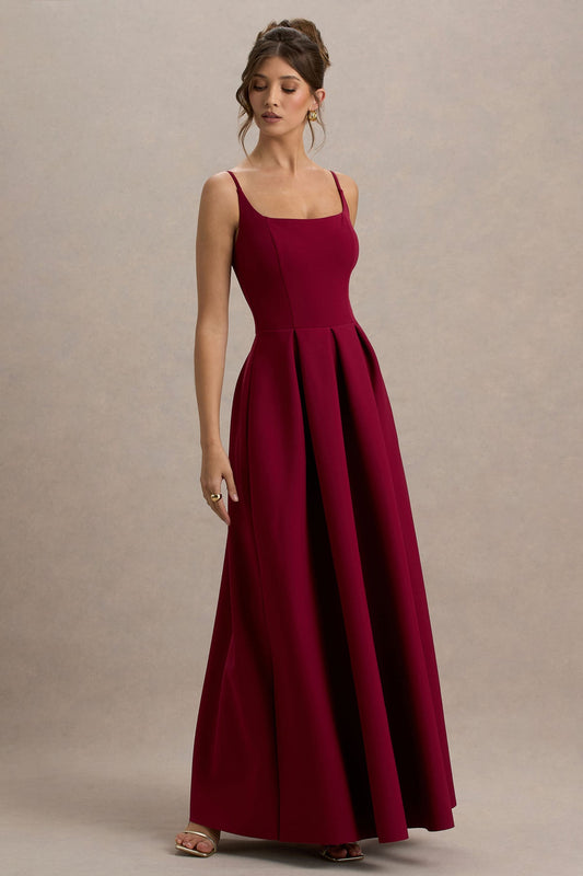 CLUB LONDON Bambina Scoop Neck Pleated Maxi Dress Burgundy (RRP $270)